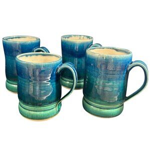 Art Pottery Handmade Coffee Mug Set 4 Eclectic Random 10-14oz Turquoise & Blue